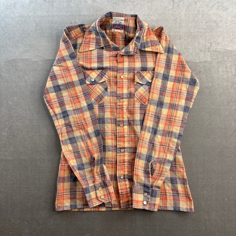 VTG Sears Western Shirt Mens Small Orange Plaid Pearl Snap 70s Put On Shop